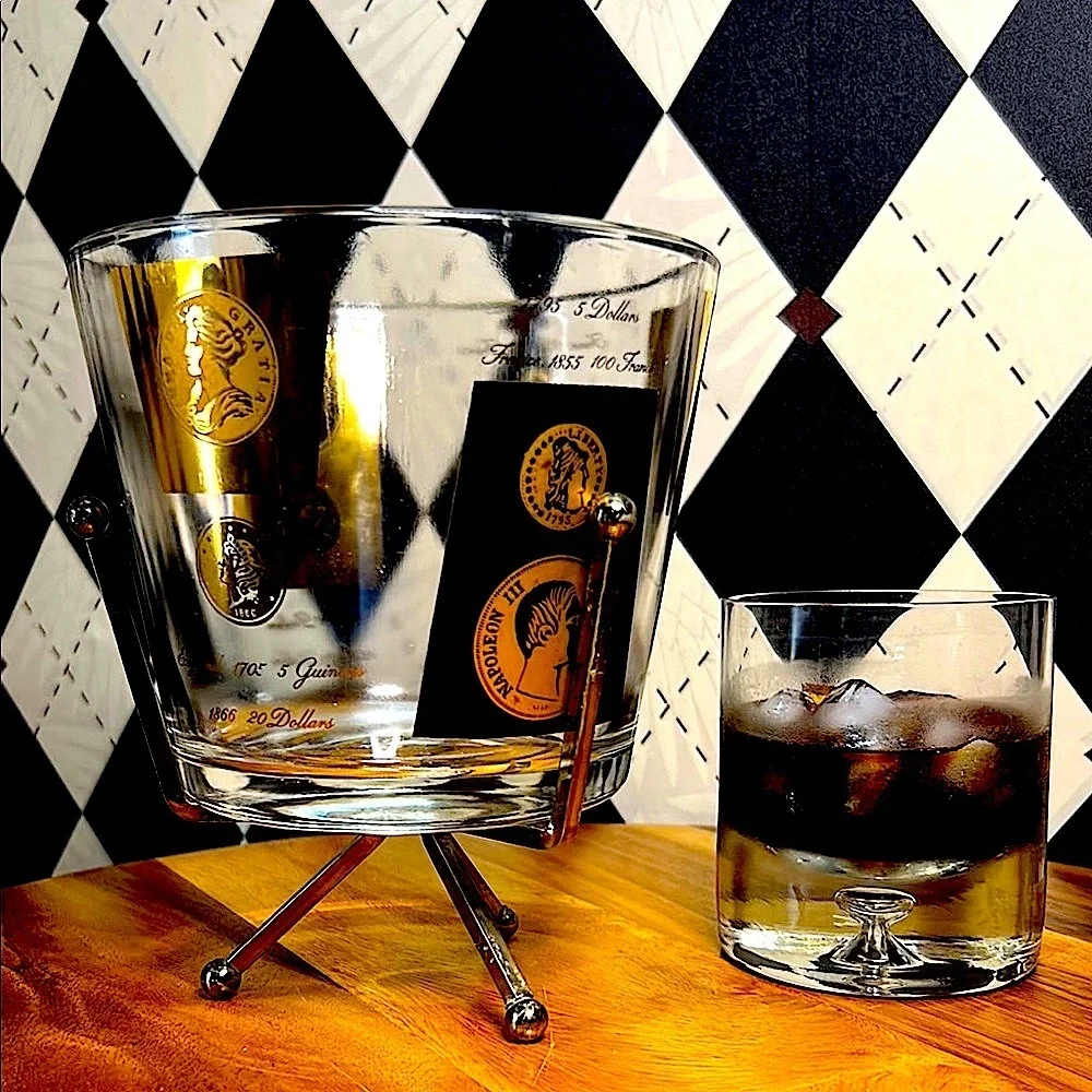 Vintage‎ MCM Cera Glass Ice Bucket with Stand– Gold/Black Coin Design